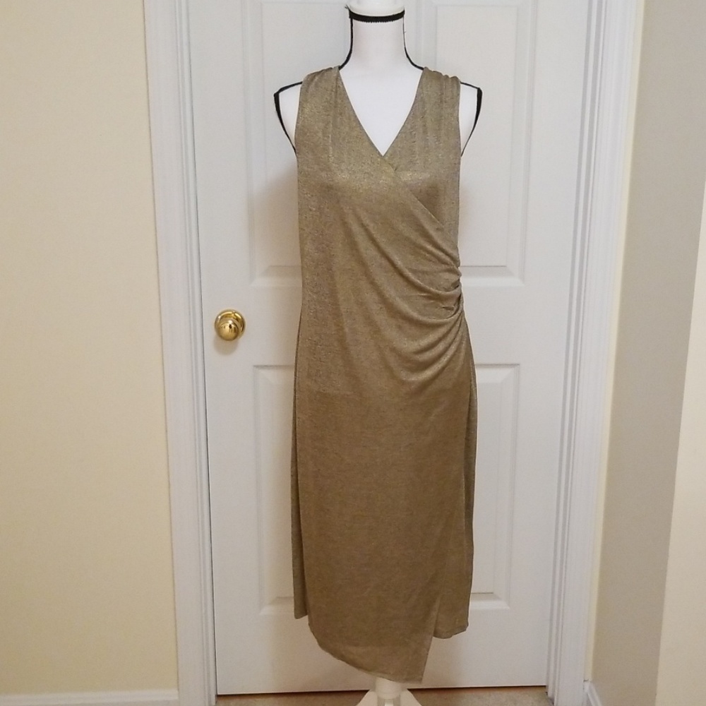 DKNY Meg Dark Gold Ruched Midi Dress S $150